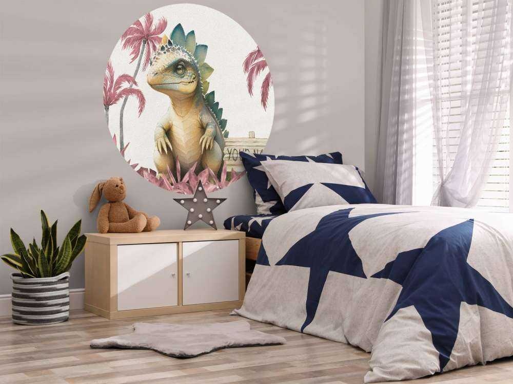 Baby stegosaurus in the pink jungle