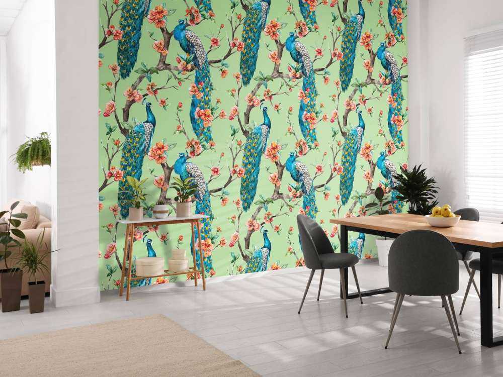 Peacock with Garden Blossom