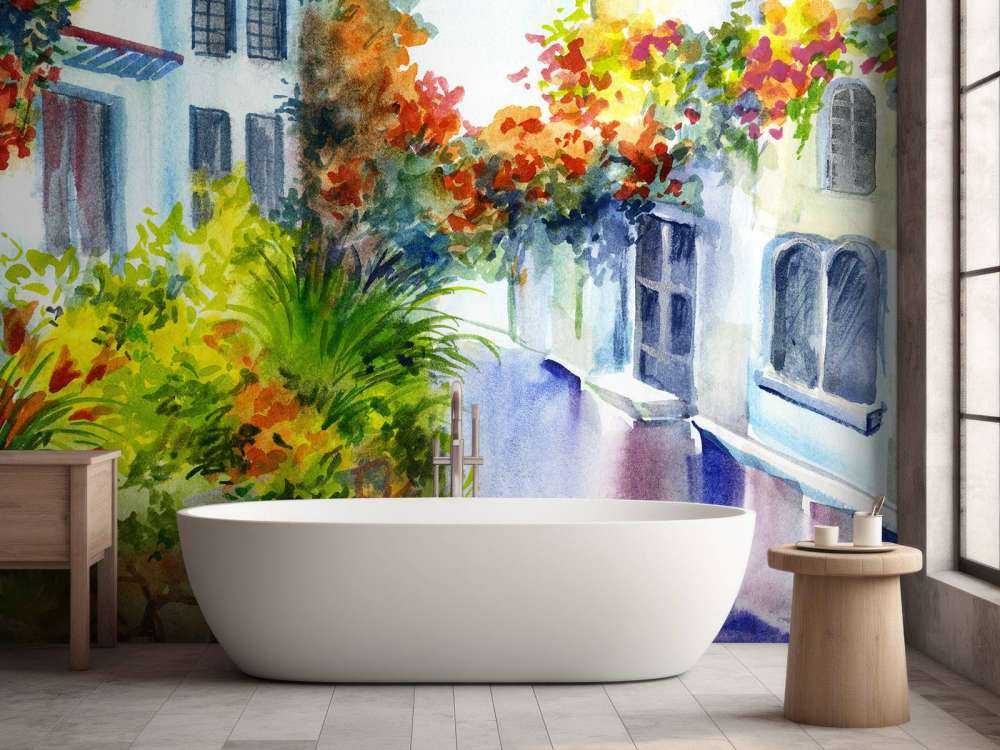 Watercolor flowers and buildings