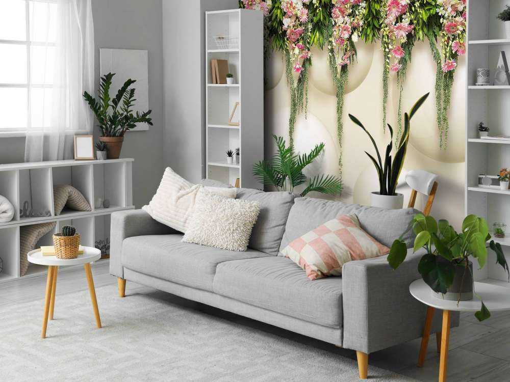 Hanging pink flowers on 3D wall