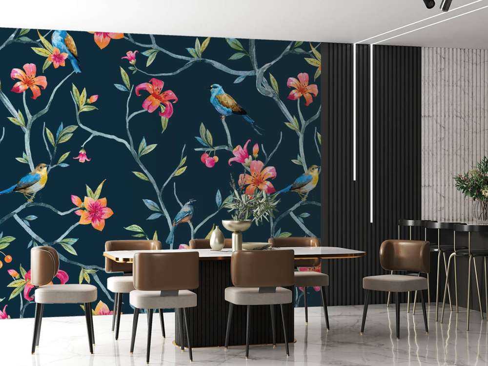 Tropical flowers and birds