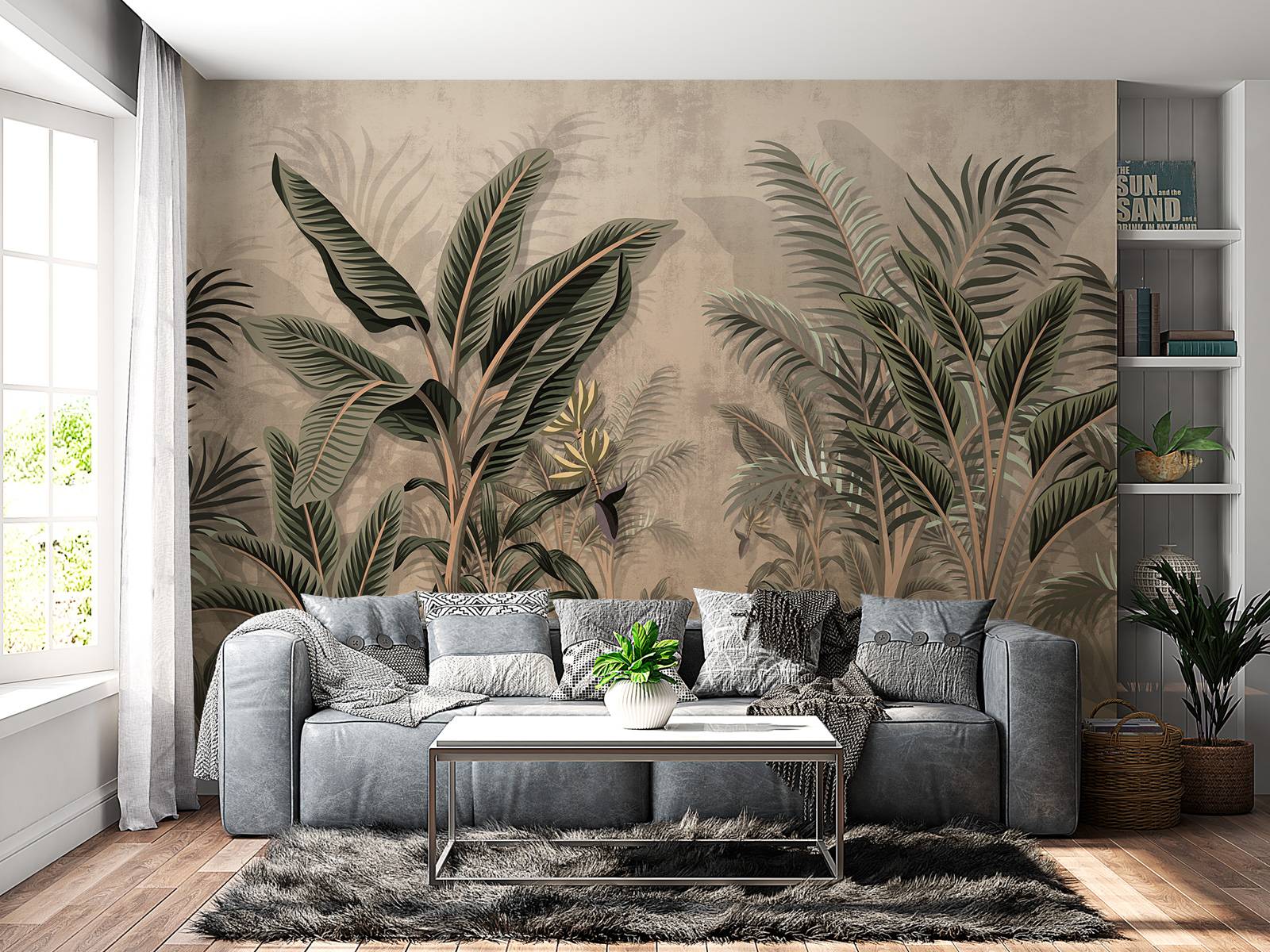 Tapisserie murale plantes tropicales sur mur en bois gris