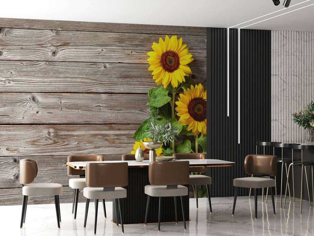 Sunflowers and wood