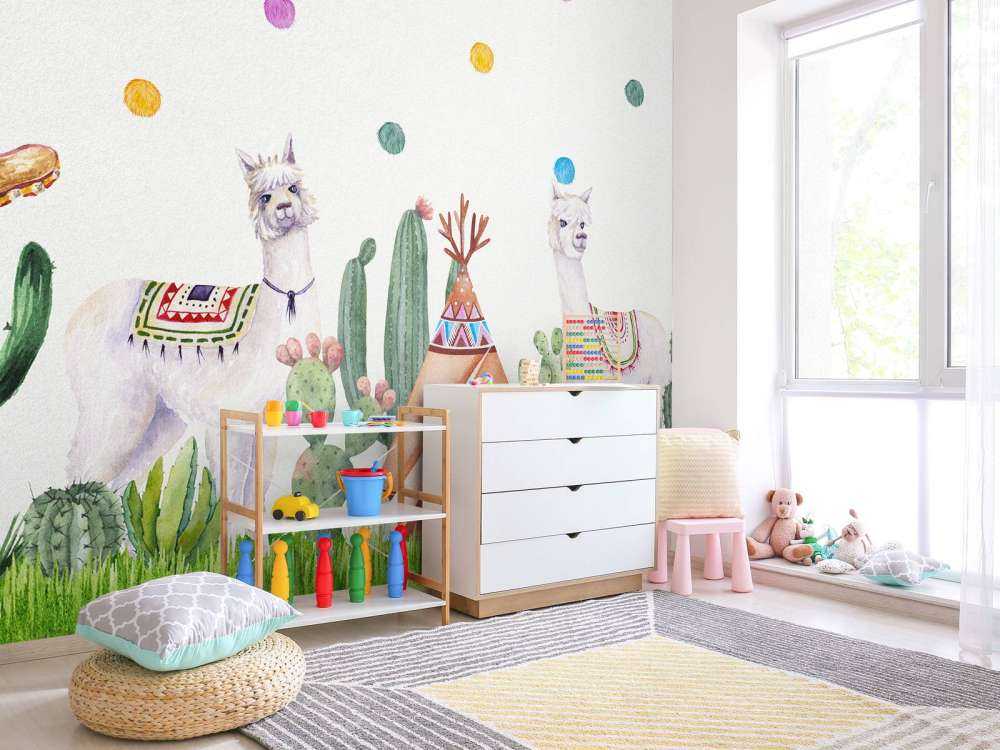 Alpacas between cacti