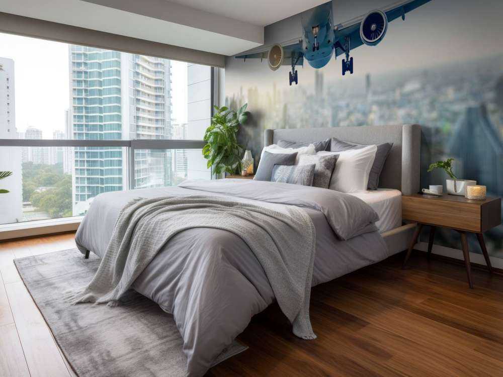 Descending airplane over a city