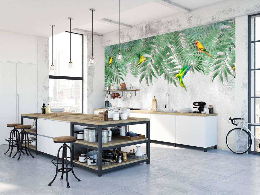 Tropical leaves and parakeets