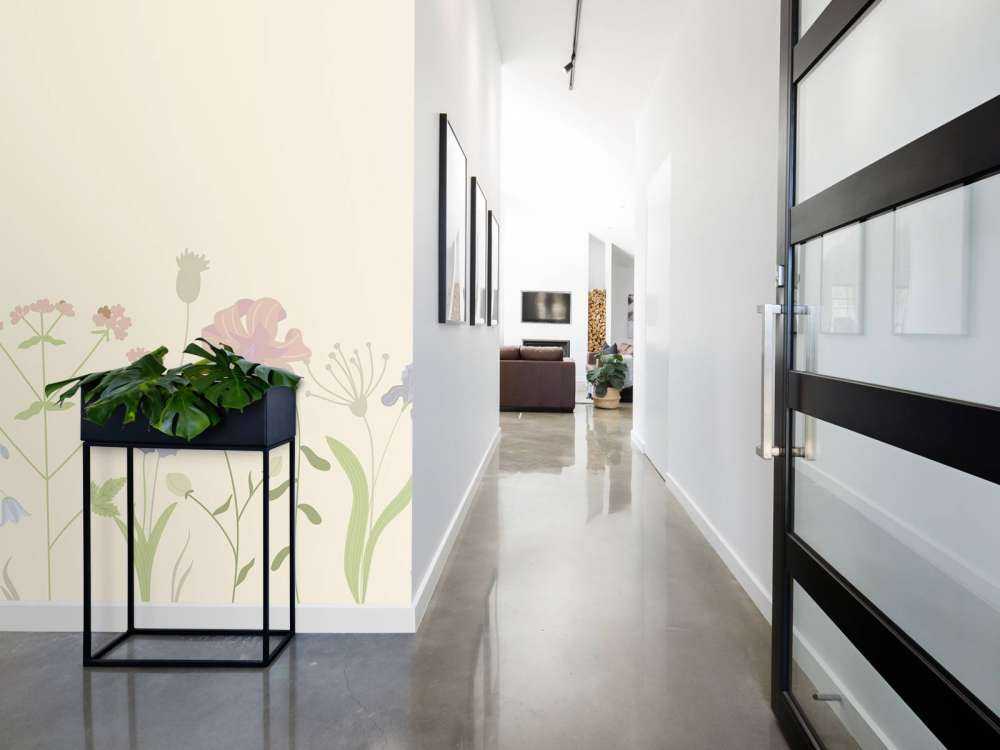 Field of flowers beige, old pink, green and lilac