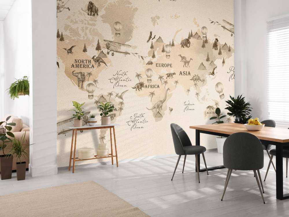 Wereldkaart met dino's beige