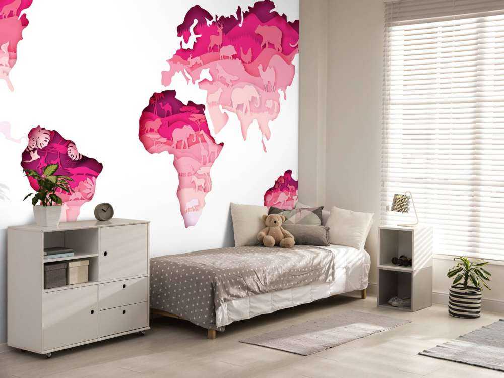 Dieren wereldkaart roze tinten