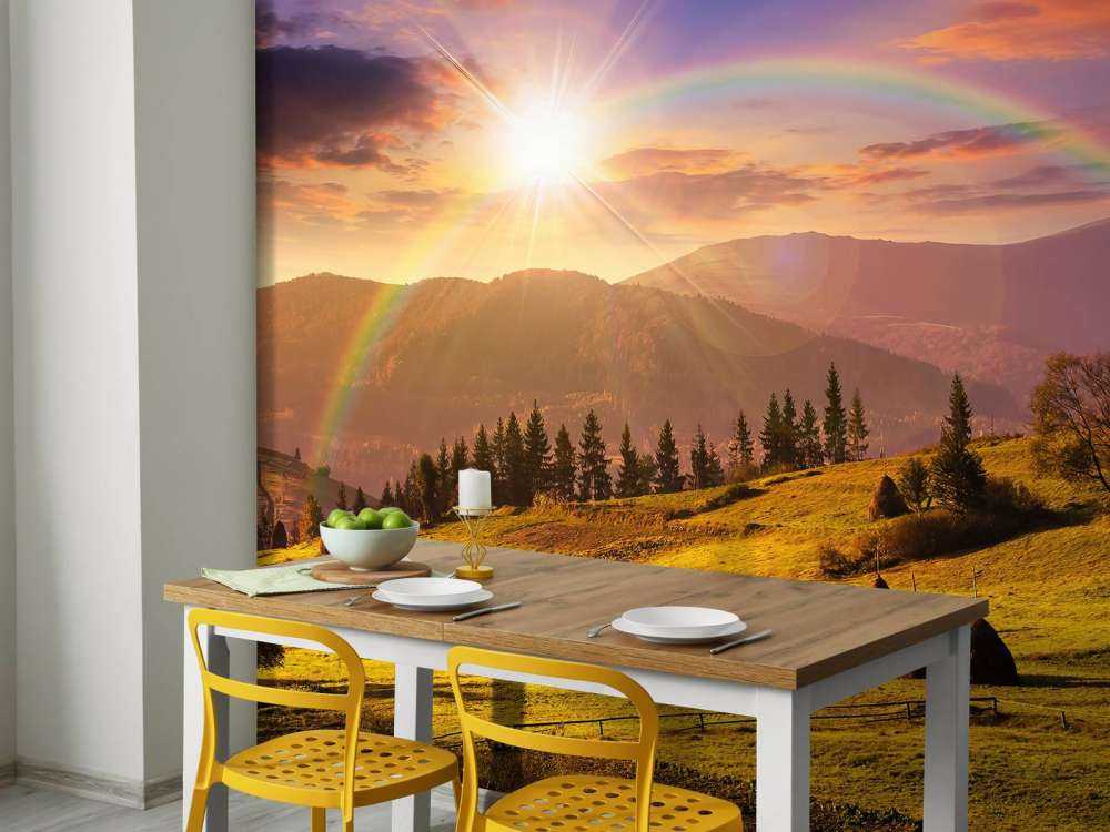 Haystacks in mountain landscape