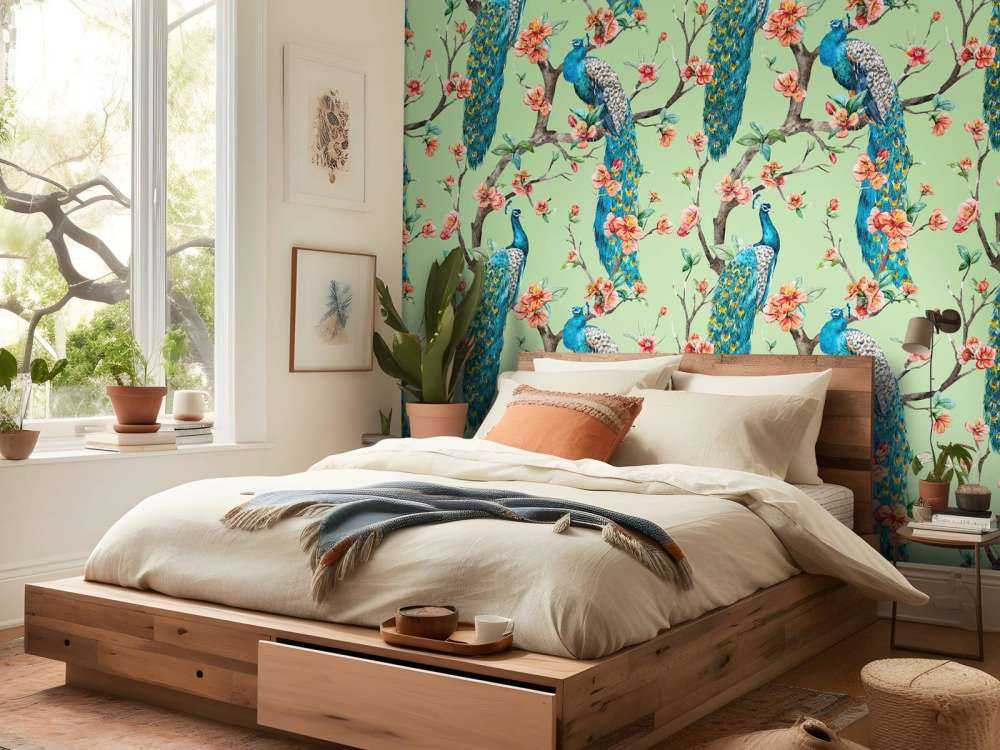 Peacock with Garden Blossom