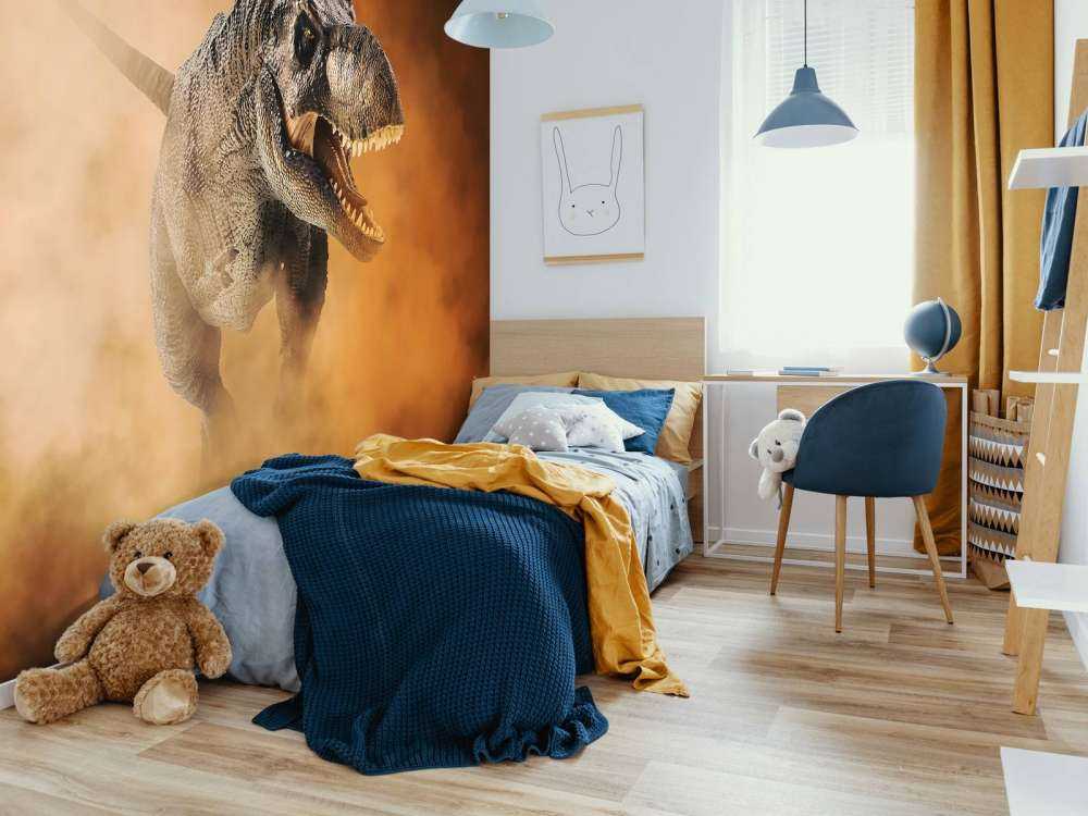 Tyrannosaurus walking through smoke