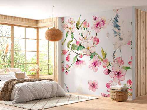 Peinture de grues avec fleurs