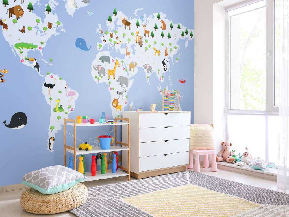 World map for children with blue background
