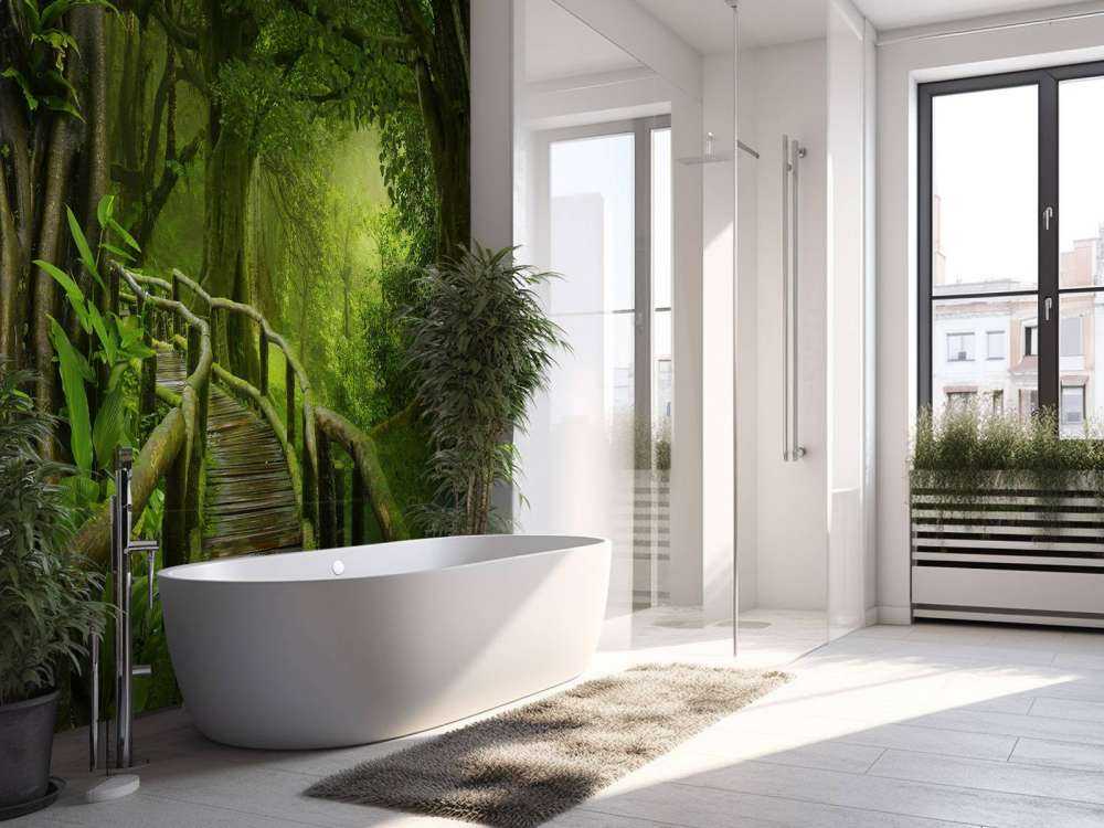 Wooden bridge through a green jungle