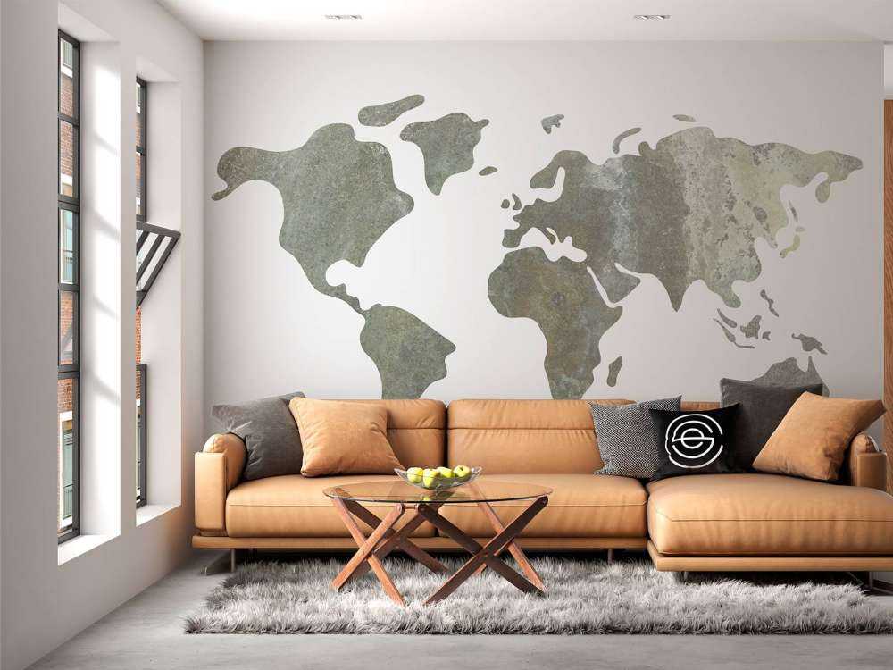 Green world map with metal structure