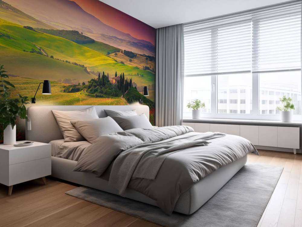 Red poppies with Italian landscape