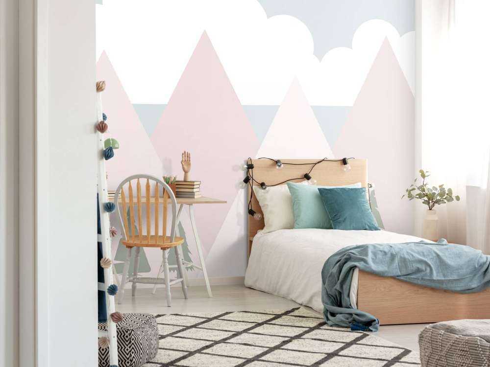 Pink mountains with pine trees