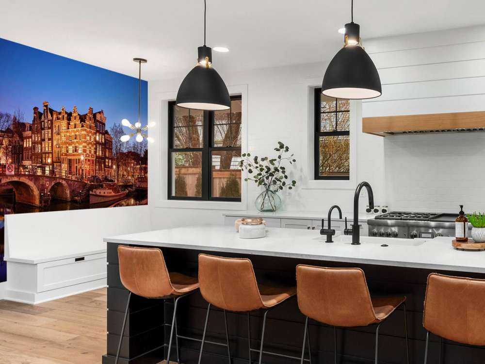 Illuminated houses along the canal