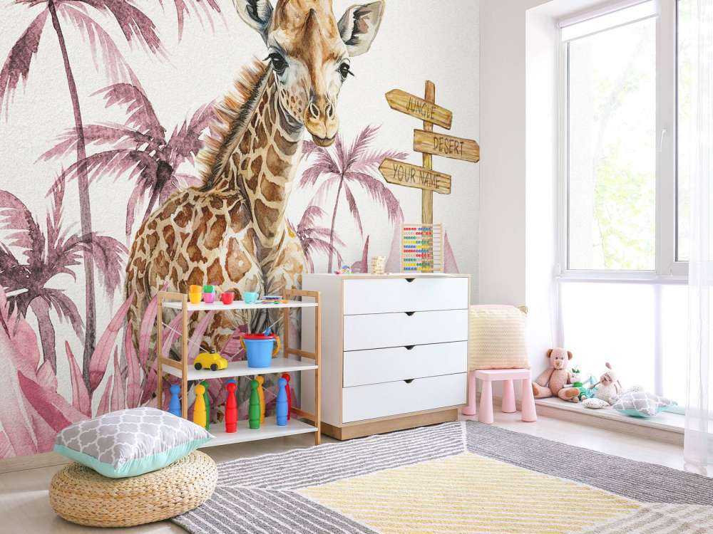 Baby giraffe in the jungle pink