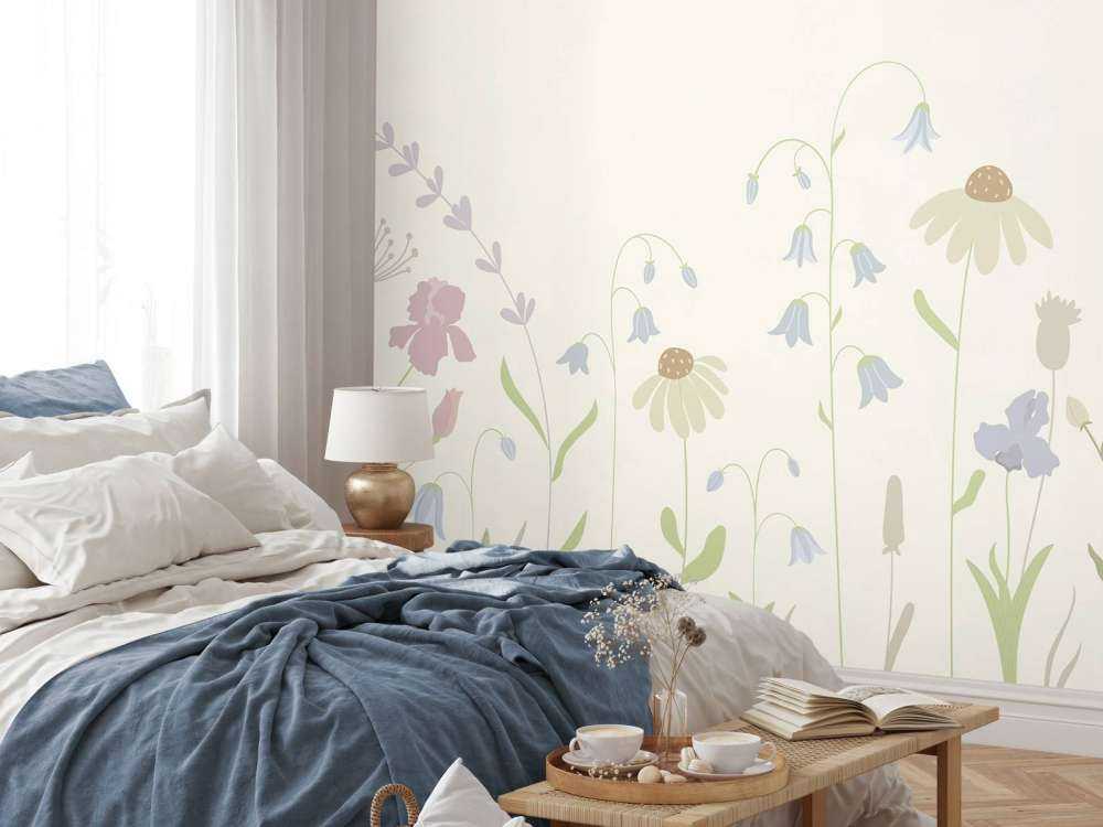 Field of flowers in high beige, old pink, green and lilac