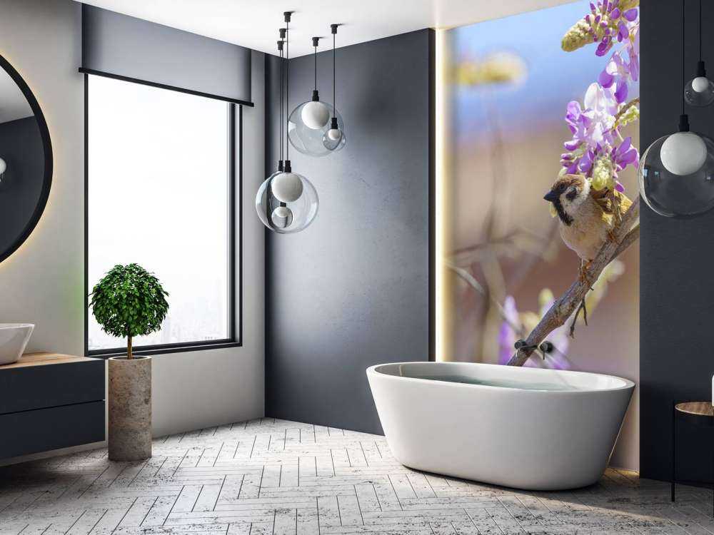 Sparrow and purple flowers