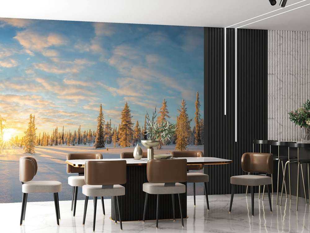 Snow landscape at sunset