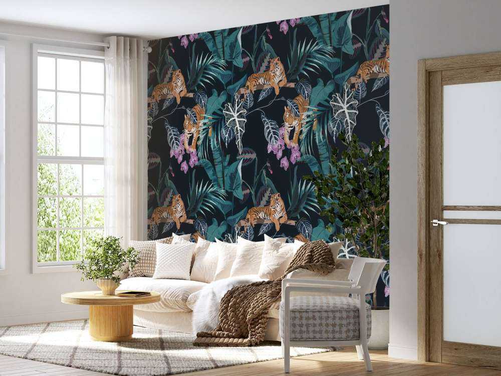 Tigers, leaves and flowers