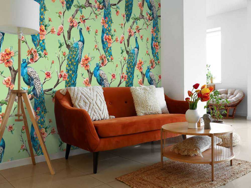 Peacock with Garden Blossom