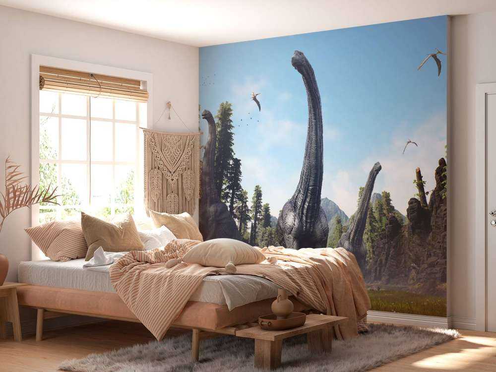 Alamosaurus group walking through a valley