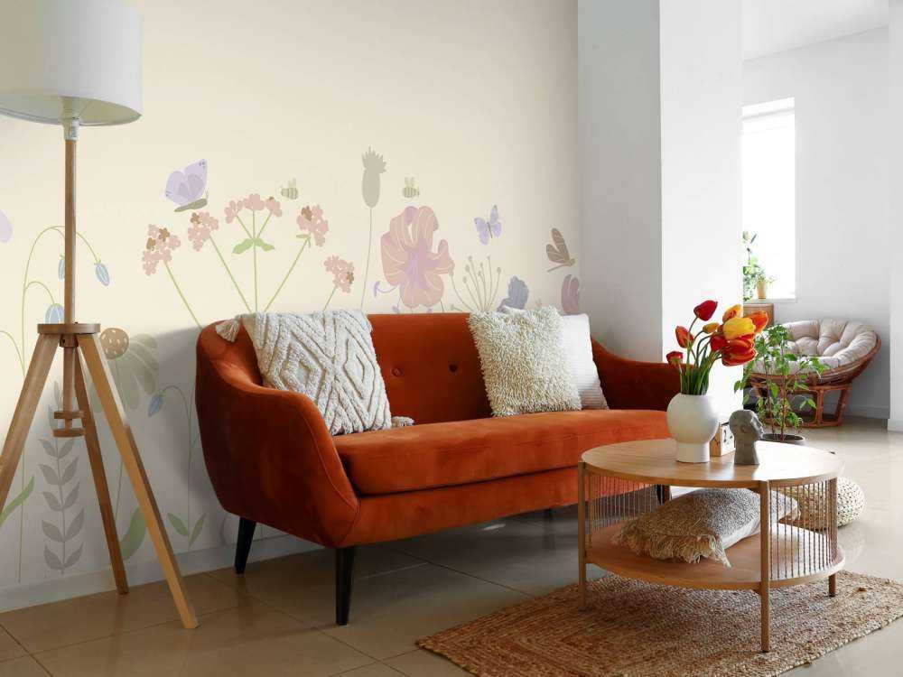 Field of flowers with butterflies beige, old pink, green and lilac