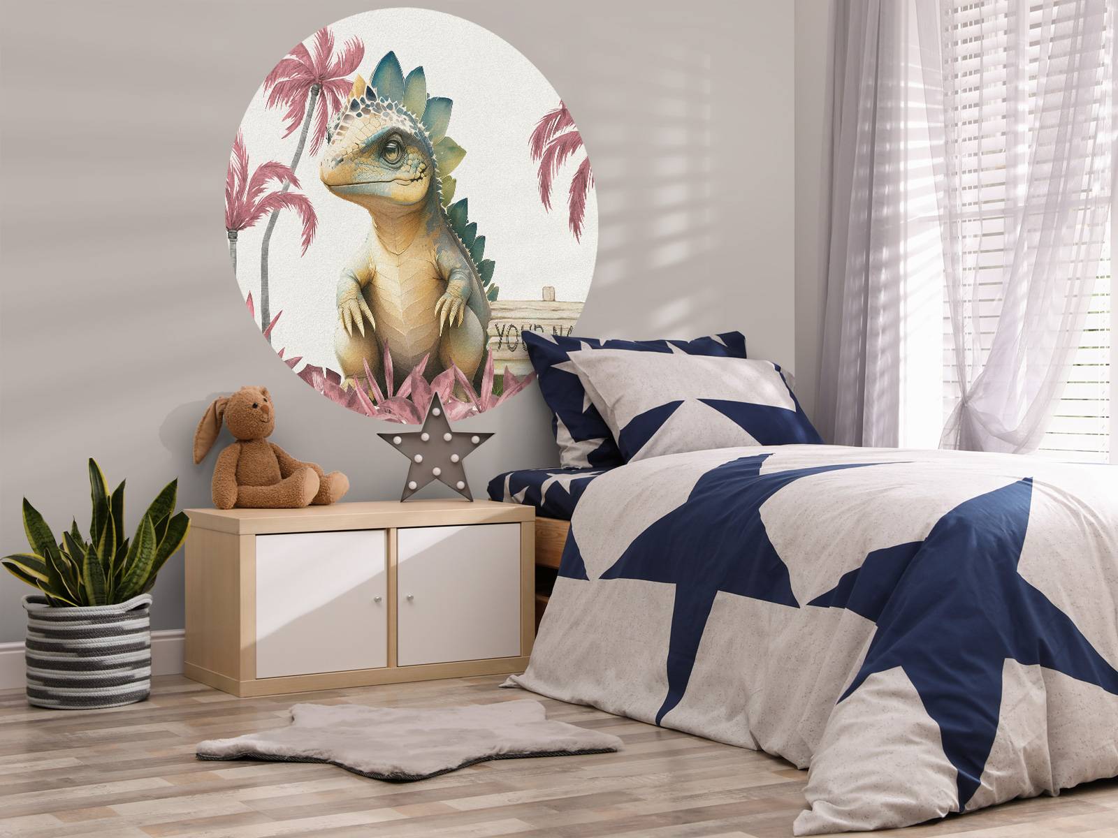 Baby stegosaurus in the pink jungle