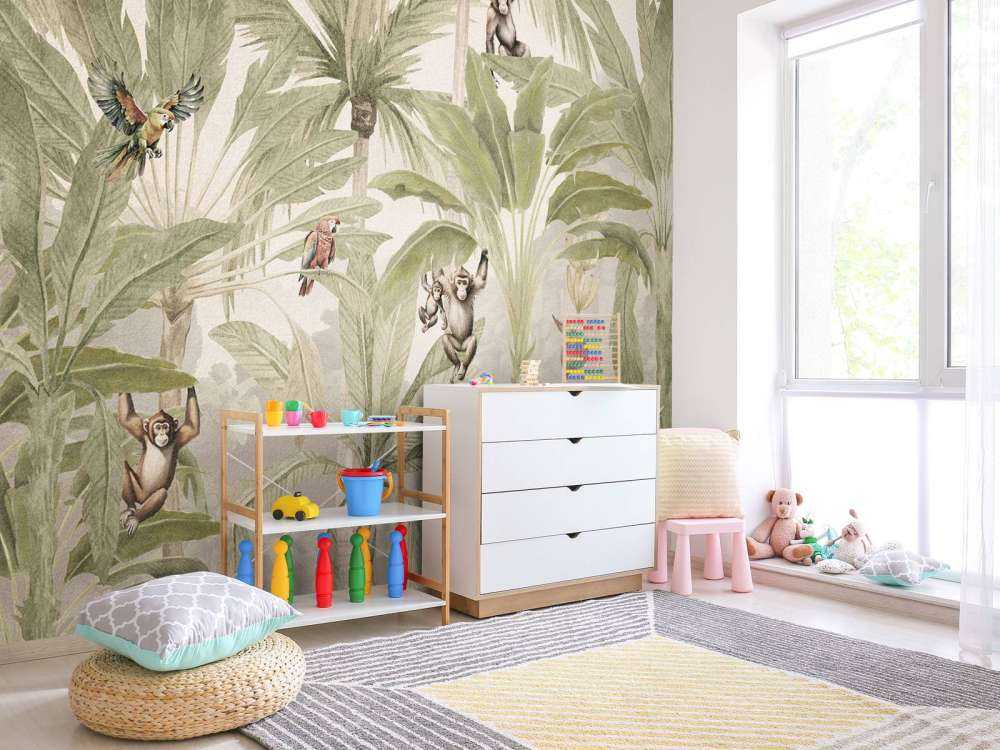 Jungle with monkeys and parrots