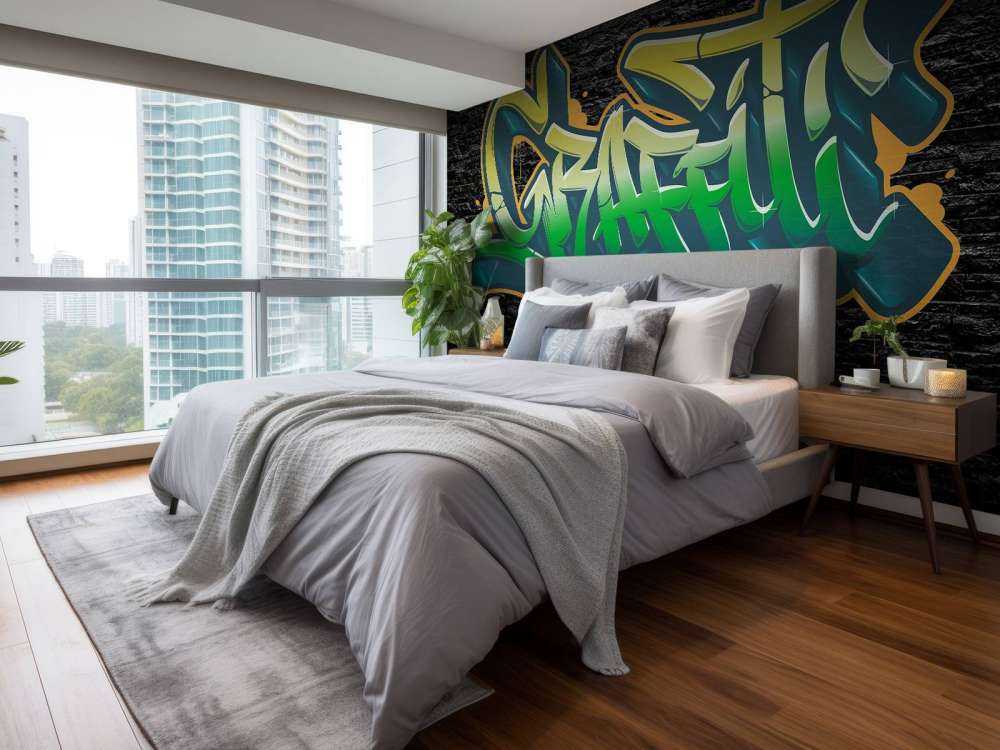 Graffiti on wall of black stones