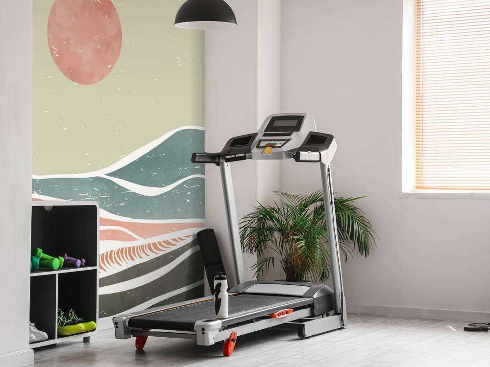 Colored ocean waves with a red moon