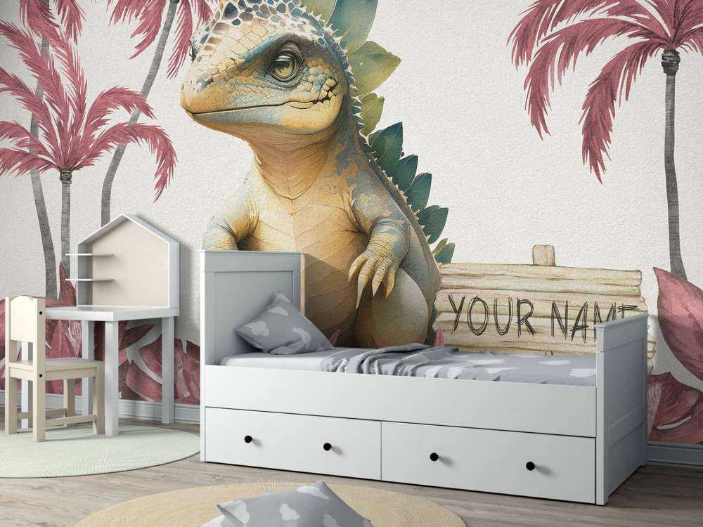 Baby stegosaurus in the pink jungle