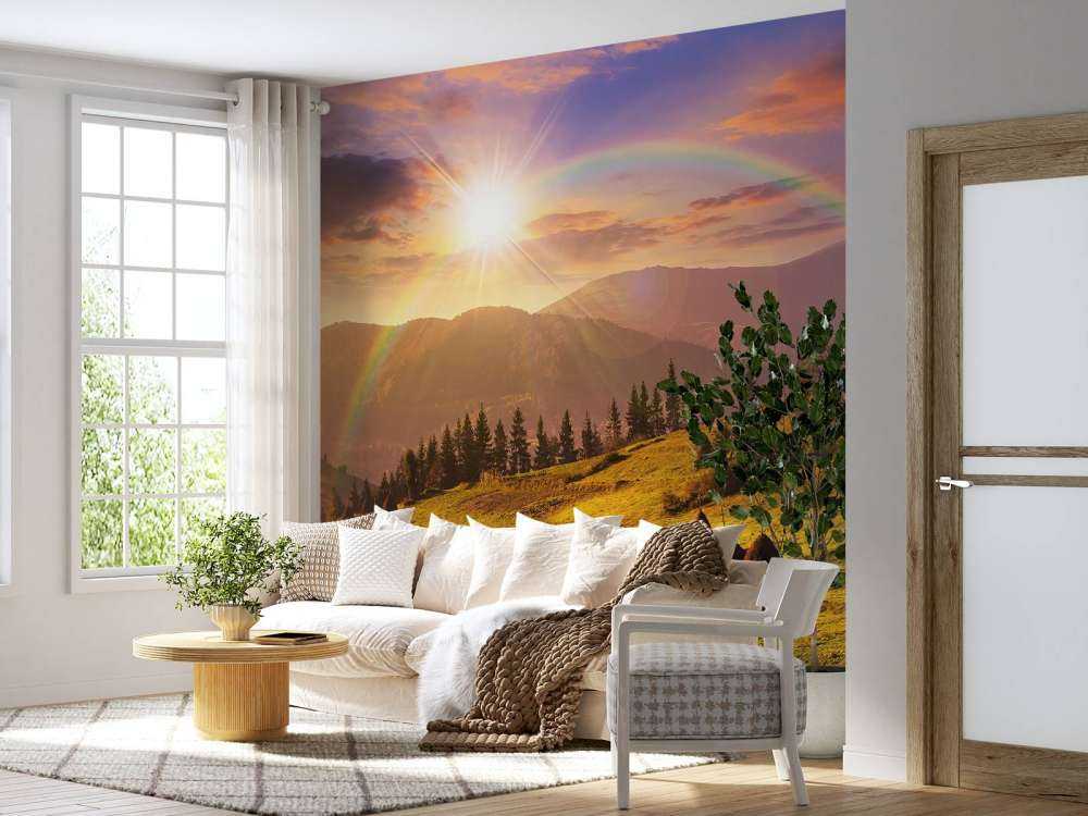 Haystacks in mountain landscape