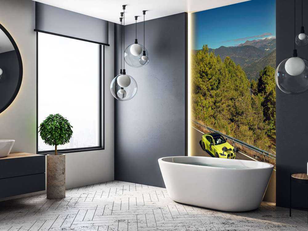 Lime green BMW on mountain road