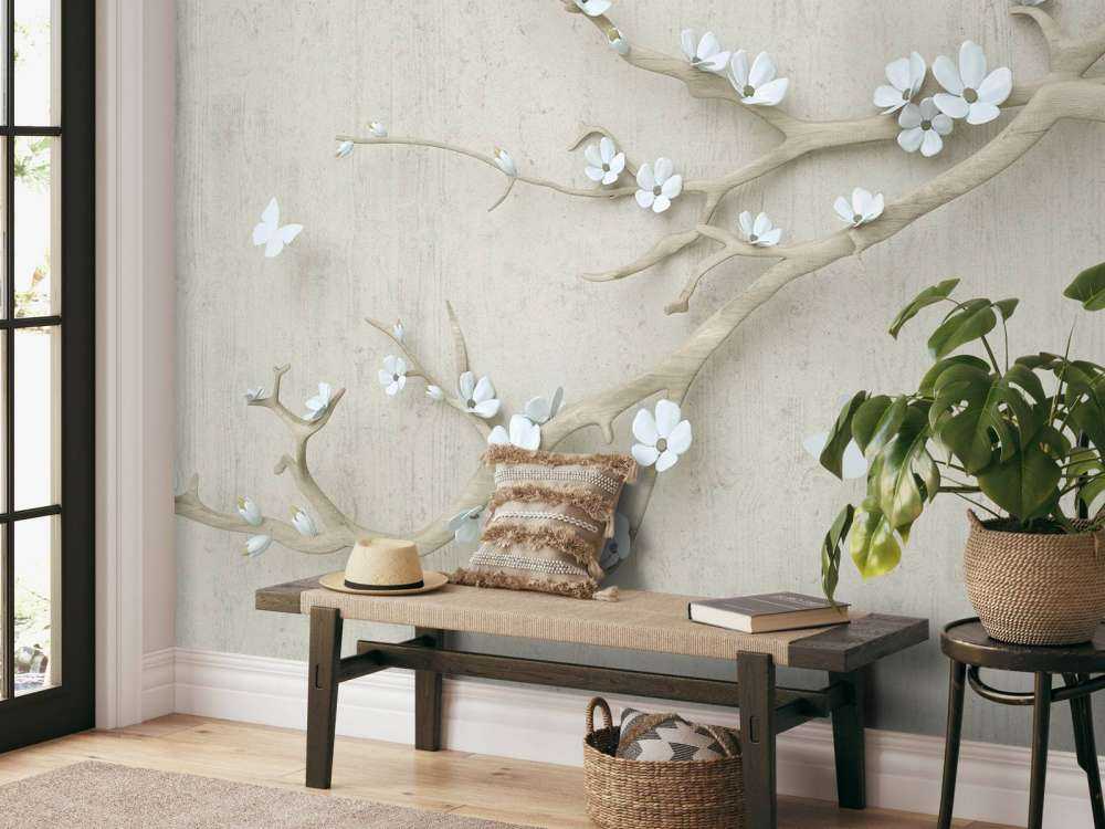 Branch with white flowers on wooden background
