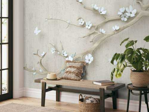 Branch with white flowers on wooden background