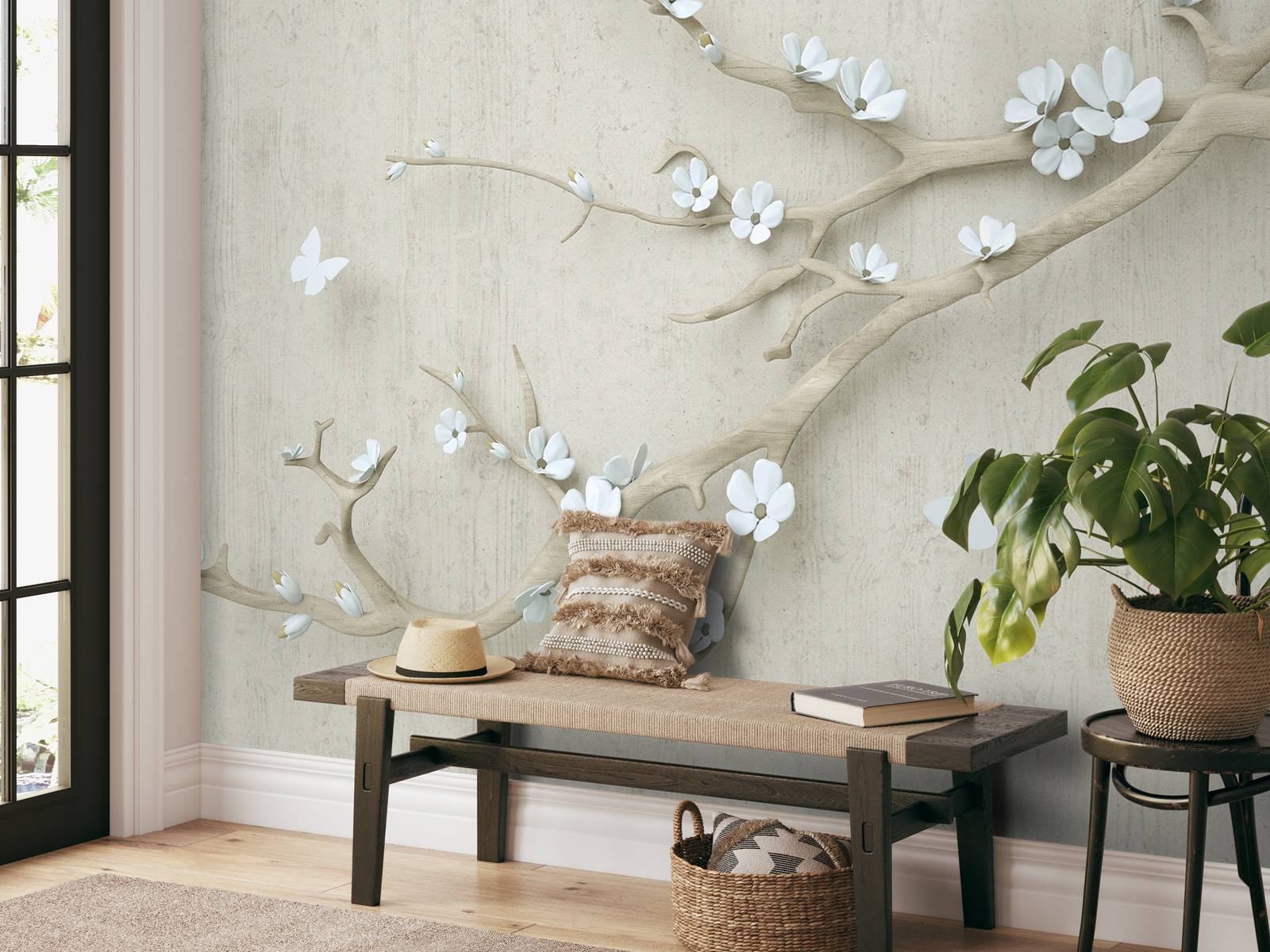 Branch with white flowers on wooden background