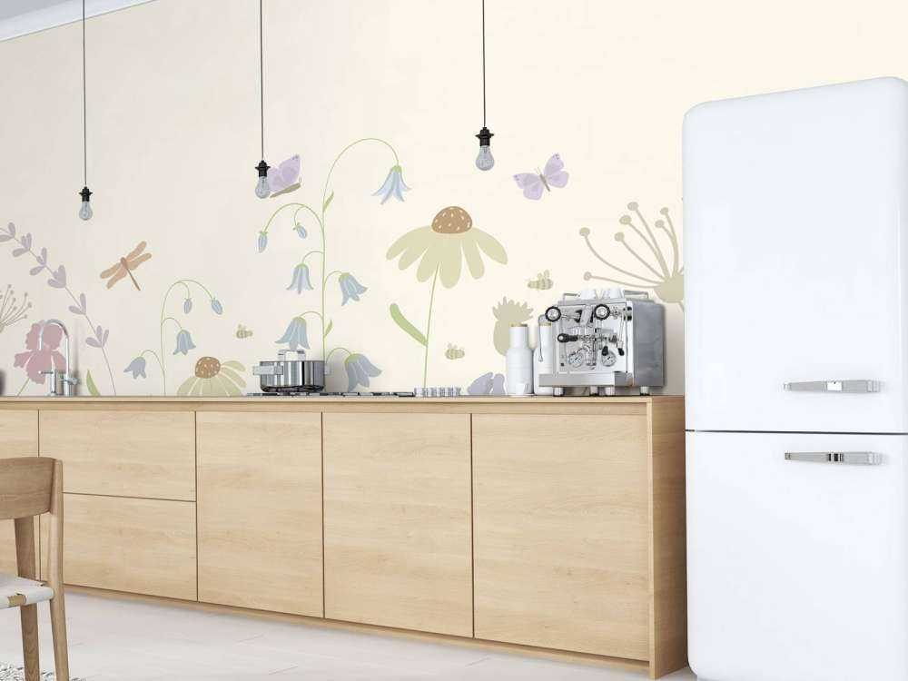 Flower field high with butterflies beige, old pink, green and lilac