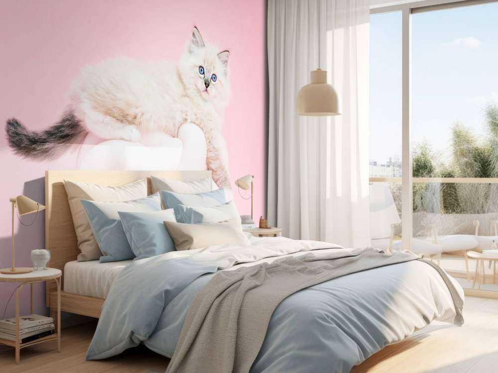 White cat on pink background