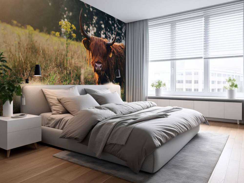 Scottish highlander in the high grass