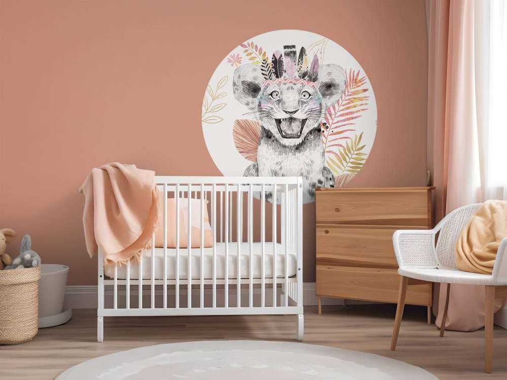 Baby lioness with coral pink and gold leaves