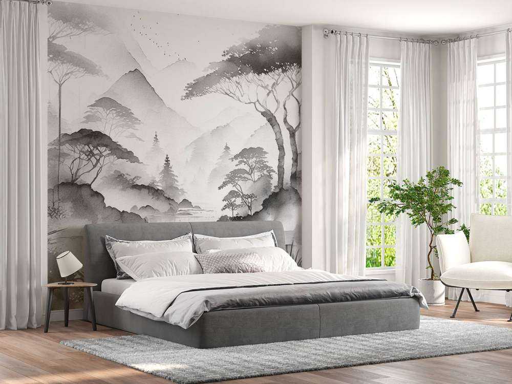 Mountain Lake in Misty Ink