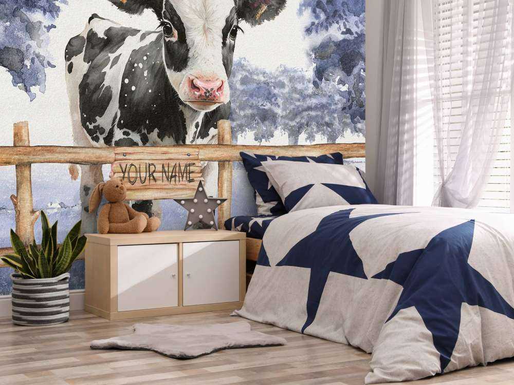 Young cow in a meadow blue