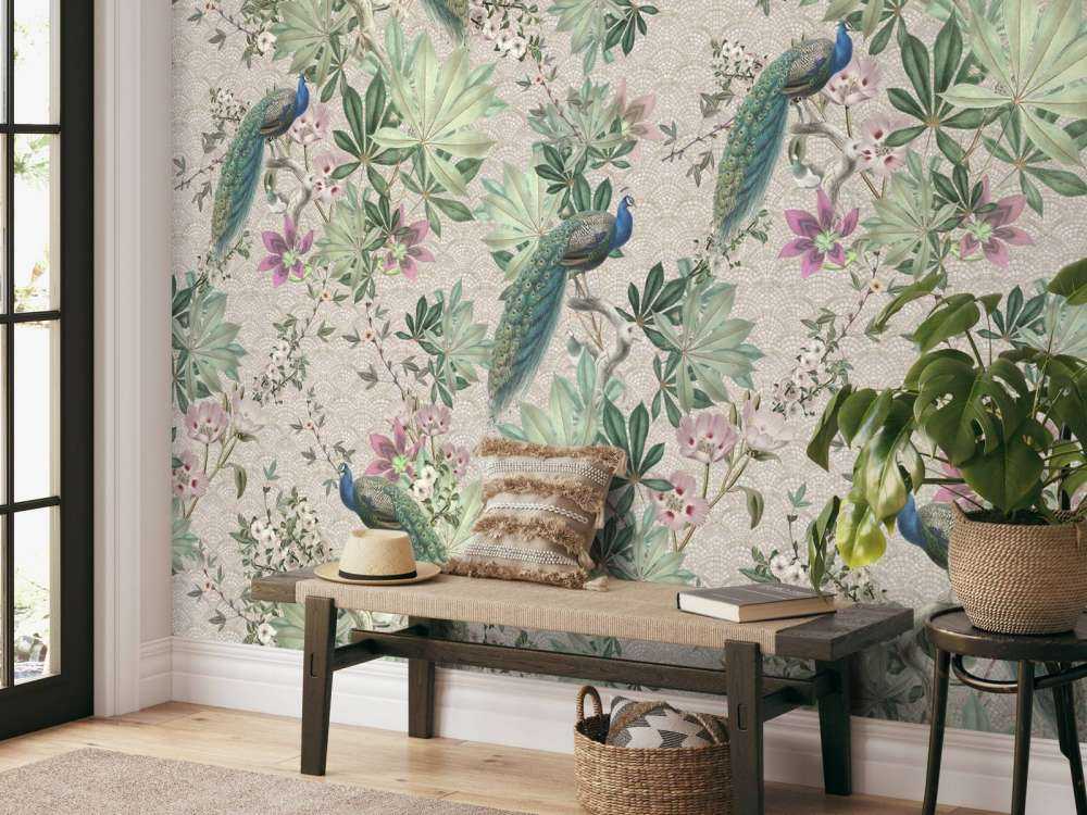 Vintage garden peacocks - cream