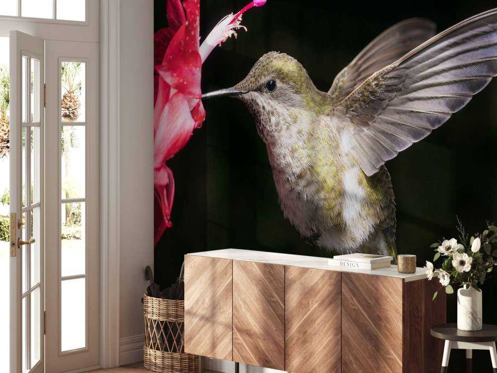 Hummingbird with red flower