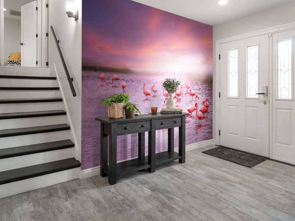 Flamingos with sunset